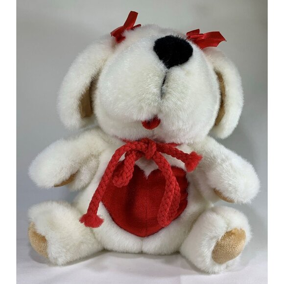 Vintage Commonwealth 1993 White Plush Dog Stuffed Animal Red Valentine Heart Bow - Picture 4 of 9